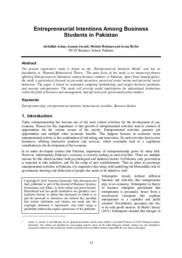 (PDF) Entrepreneurial Intentions among Business Students in Pakistan