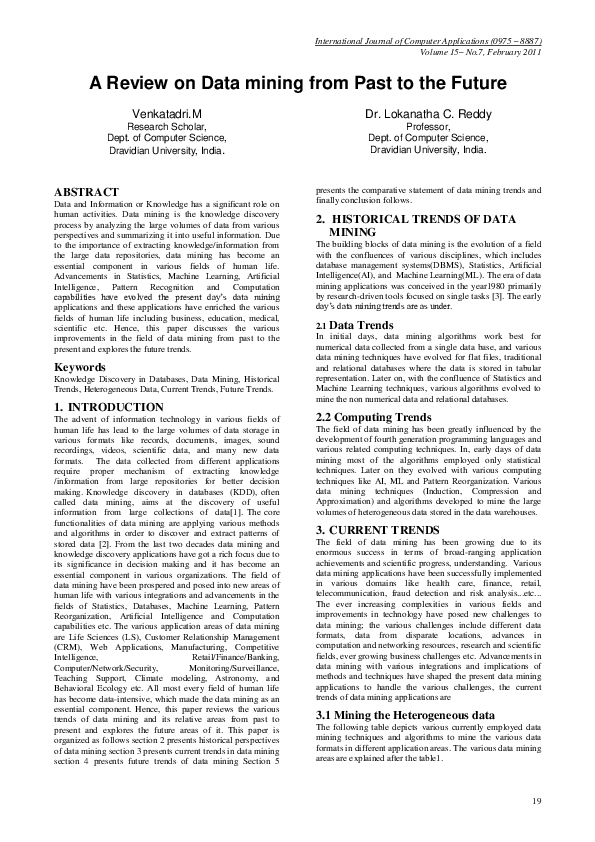 (PDF) A Review on Data mining from Past to the Future