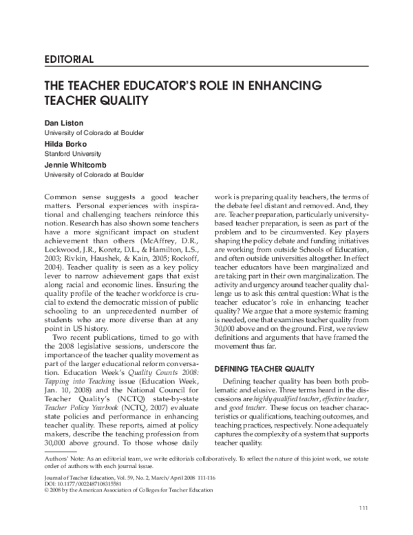 (PDF) The Teacher Educator's Role in Enhancing Teacher Quality