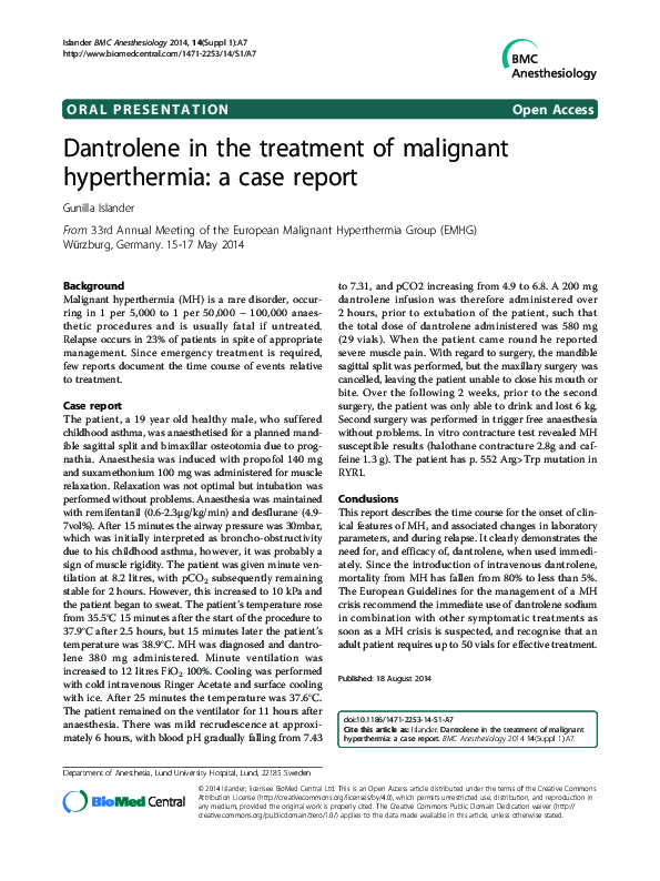 (PDF) Dantrolene in the treatment of malignant hyperthermia: a case report