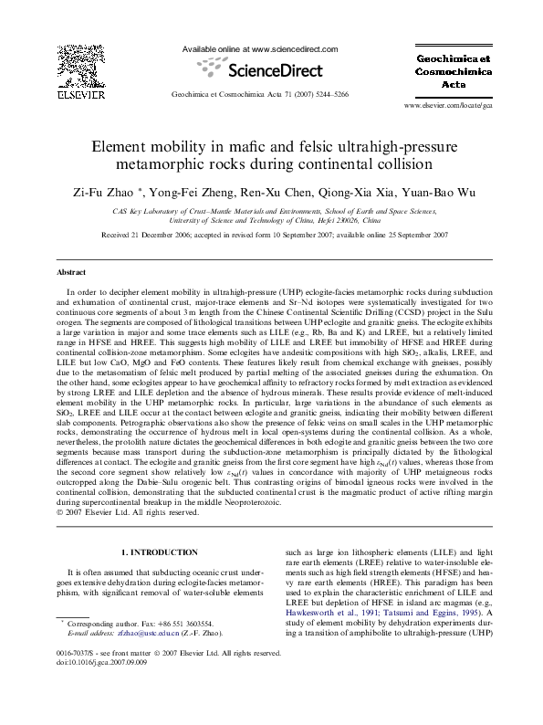 (PDF) Element mobility in mafic and felsic ultrahigh-pressure ...