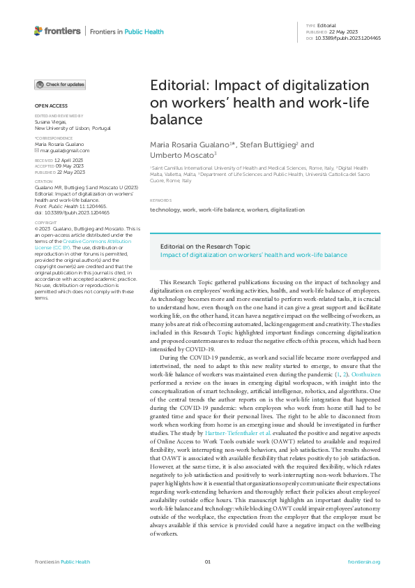 (PDF) Editorial: Impact of digitalization on workers' health and work ...