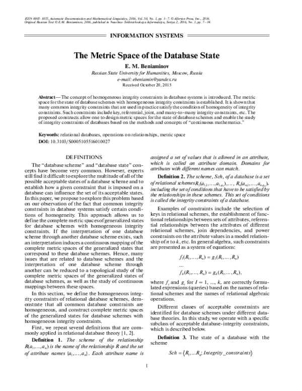 (PDF) The metric space of the database state