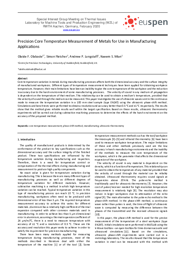 (PDF) Precision Core Temperature Measurement of Metals for Use in ...