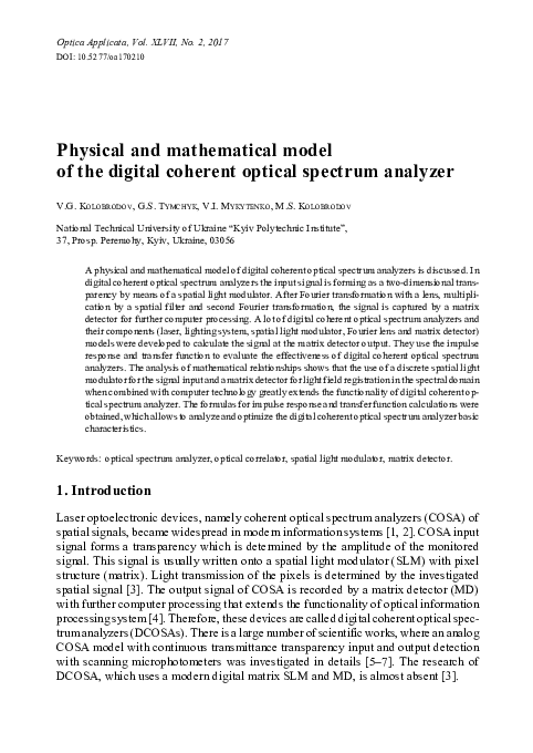 (PDF) Physical and mathematical model of the digital coherent optical ...
