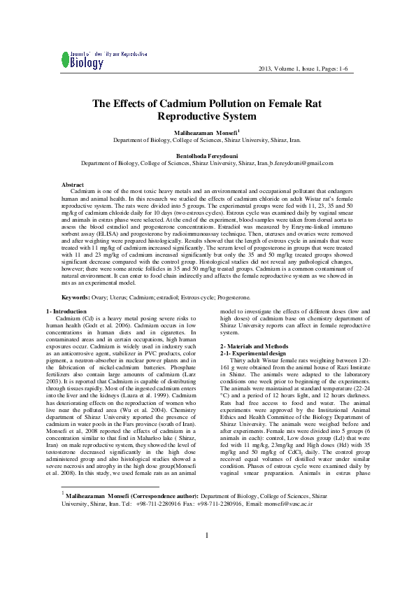 (PDF) The Effects of Cadmium Pollution on Female Rat Reproductive System