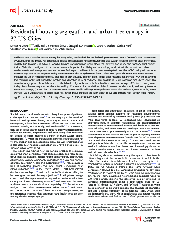 (PDF) Residential housing segregation and urban tree canopy in 37 US Cities