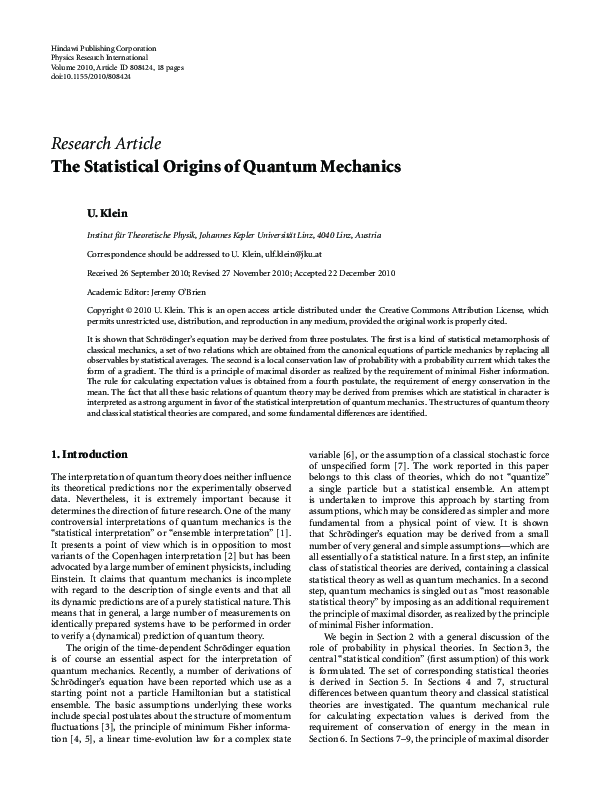 (PDF) The Statistical Origins of Quantum Mechanics