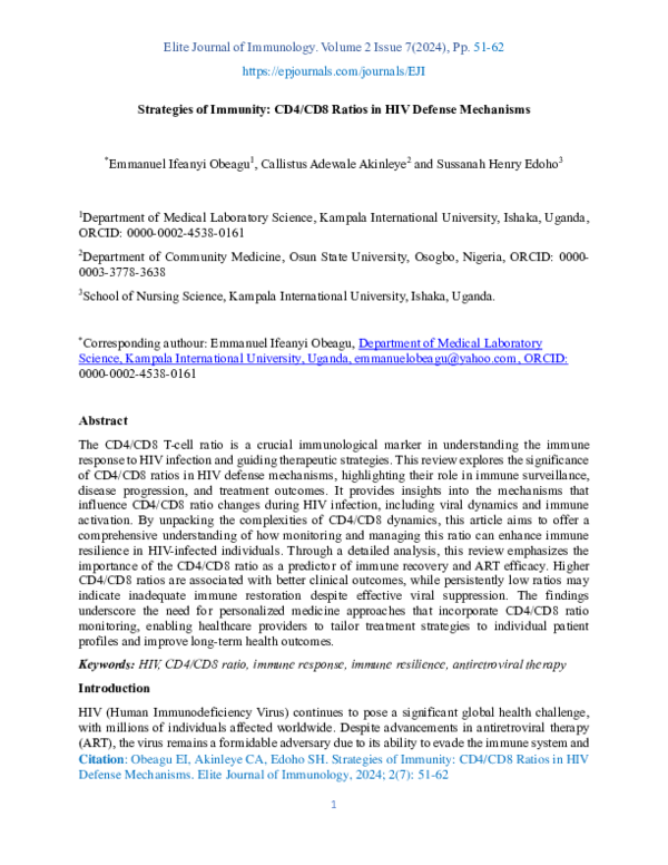(PDF) Strategies of Immunity CD4/CD8 Ratios in HIV Defense Mechanisms