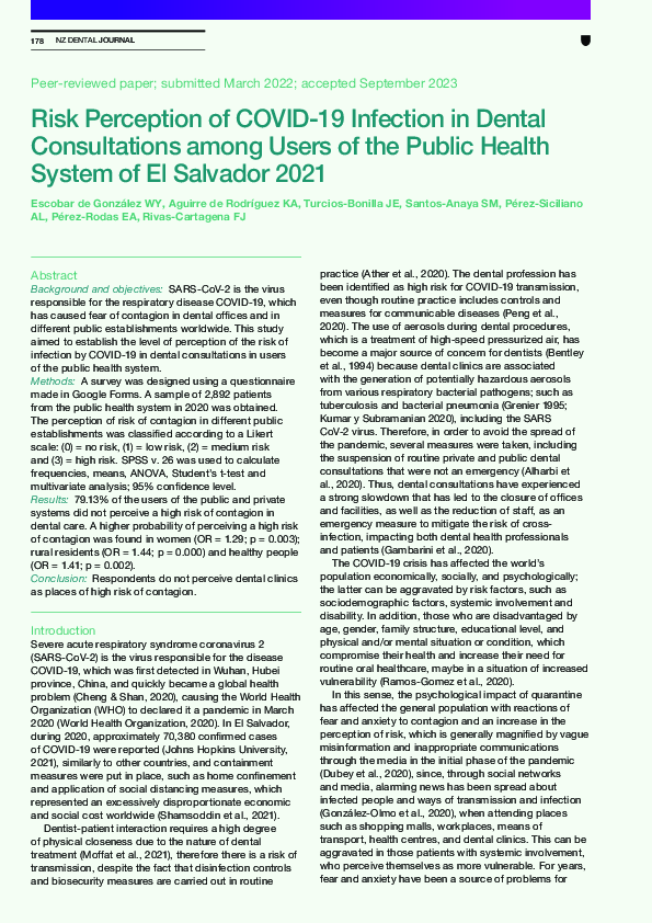 (PDF) Risk Perception of COVID-19 Infection in Dental Consultations ...