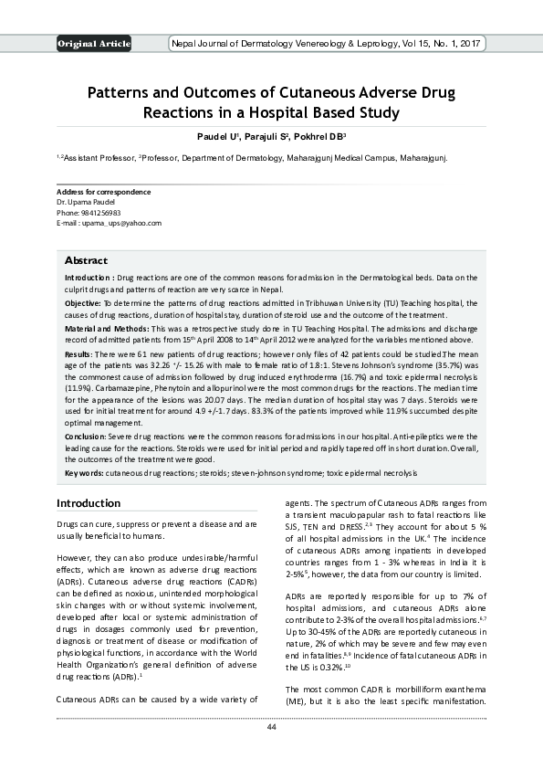 (PDF) Patterns and Outcomes of Cutaneous Adverse Drug Reactions in a ...