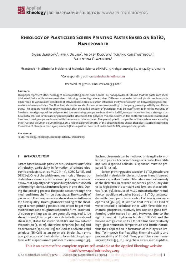 (PDF) Rheology of Plasticized Screen Printing Pastes Based on Batio3 ...