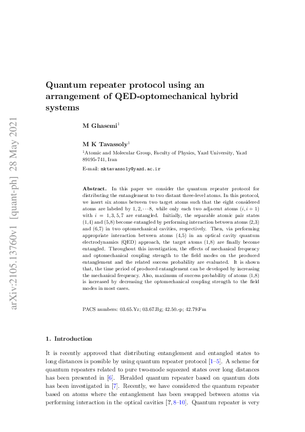 (PDF) Quantum repeater protocol using an arrangement of QED ...