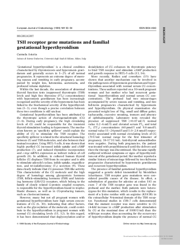(PDF) TSH receptor gene mutations and familial gestational hyperthyroidism