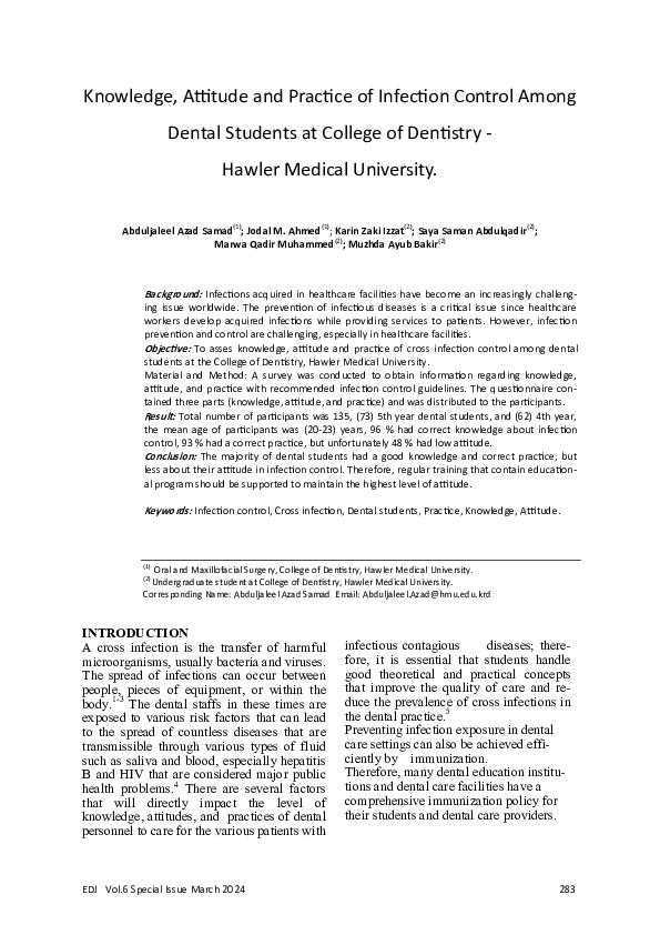 (PDF) Knowledge, Attitude and Practice of Infection Control Among ...