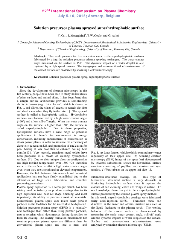 (PDF) Solution Precursor Plasma Sprayed Superhydrophobic Surface