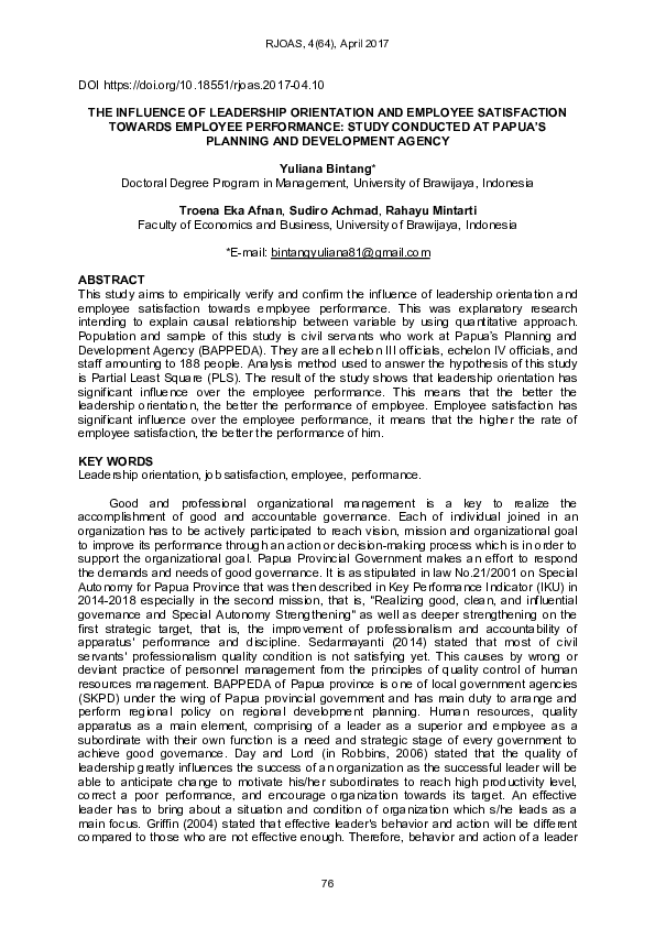 (PDF) The Influence of Leadership Orientation and Employee Satisfaction ...