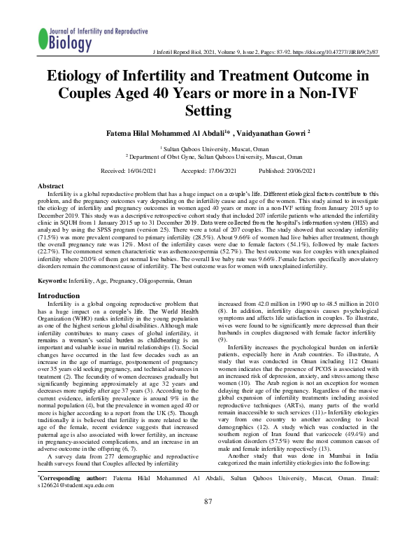 (PDF) Etiology of Infertility and Treatment Outcome in Couples Aged 40 ...