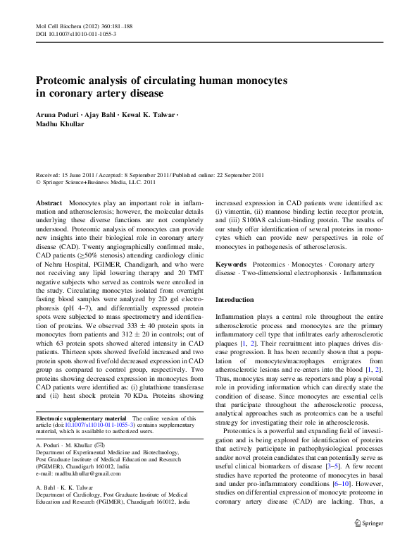 (PDF) Proteomic analysis of circulating human monocytes in coronary ...