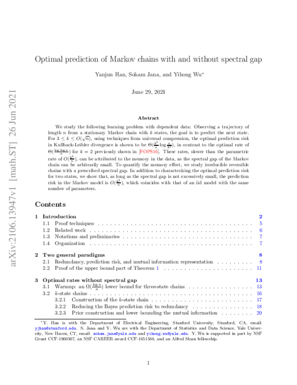 (PDF) Optimal Prediction of Markov Chains With and Without Spectral Gap