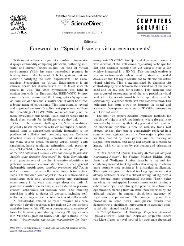 (PDF) Foreword to: Special issue on virtual environments
