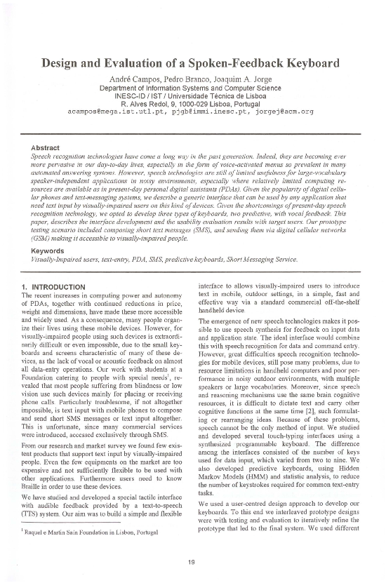 (PDF) Design and Evaluation of a Spoken-Feedback Keyboard
