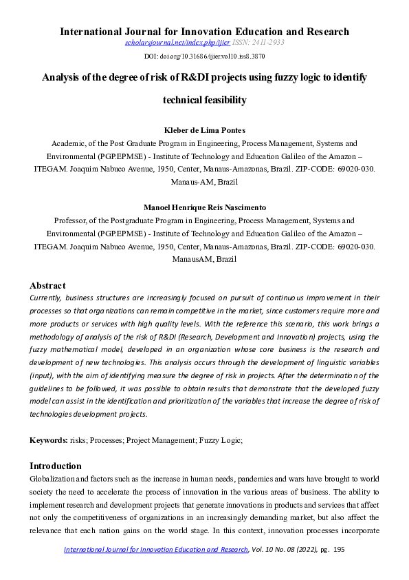 (PDF) Analysis of the degree of risk of R&DI projects using fuzzy logic ...