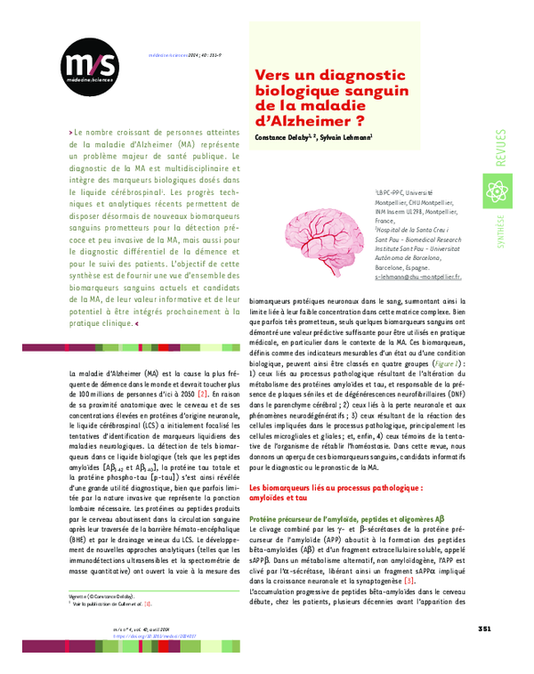 (PDF) Vers un diagnostic biologique sanguin de la maladie d’Alzheimer