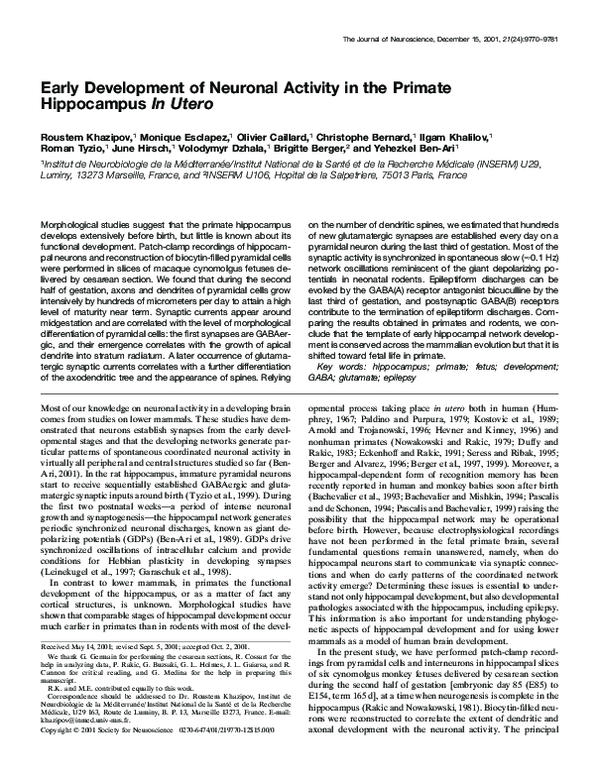(PDF) Early Development of Neuronal Activity in the Primate Hippocampus ...