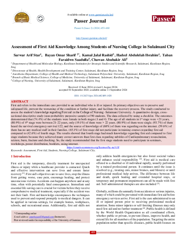 (PDF) Assessment of First Aid Knowledge Among Students of Nursing ...