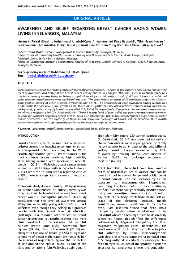 (PDF) Awareness and Belief Regarding Breast Cancer Among Women Living ...