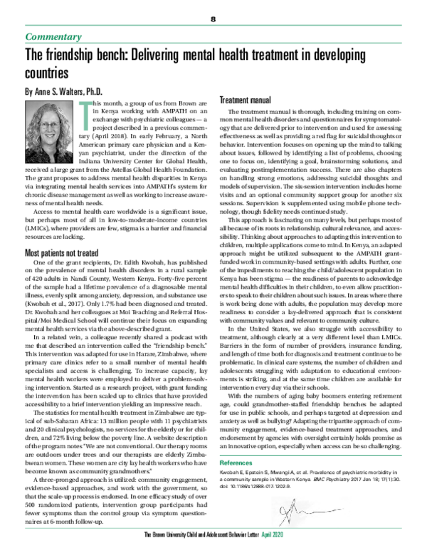 (PDF) The friendship bench: Delivering mental health treatment in ...