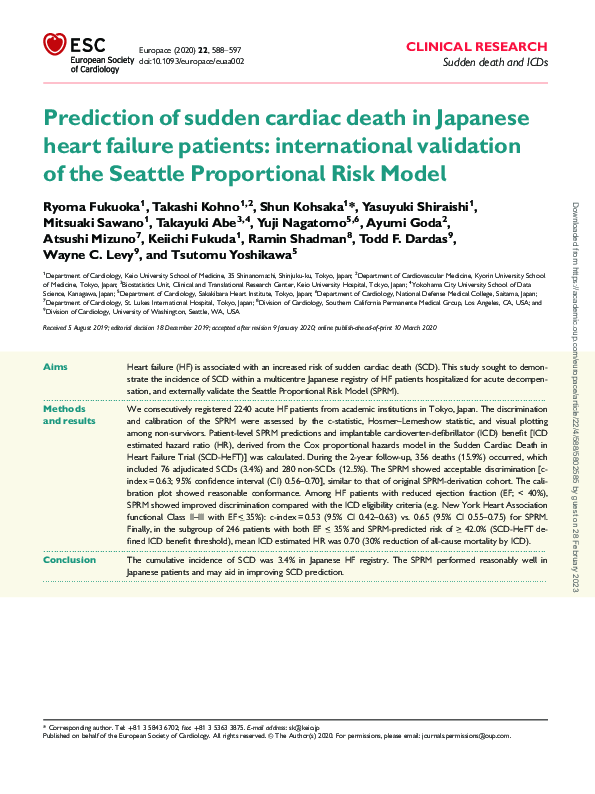 (PDF) Prediction of sudden cardiac death in Japanese heart failure ...