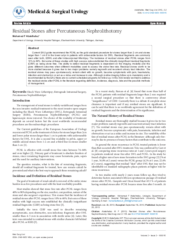 (PDF) Residual Stones after Percutaneous Nephrolithotomy