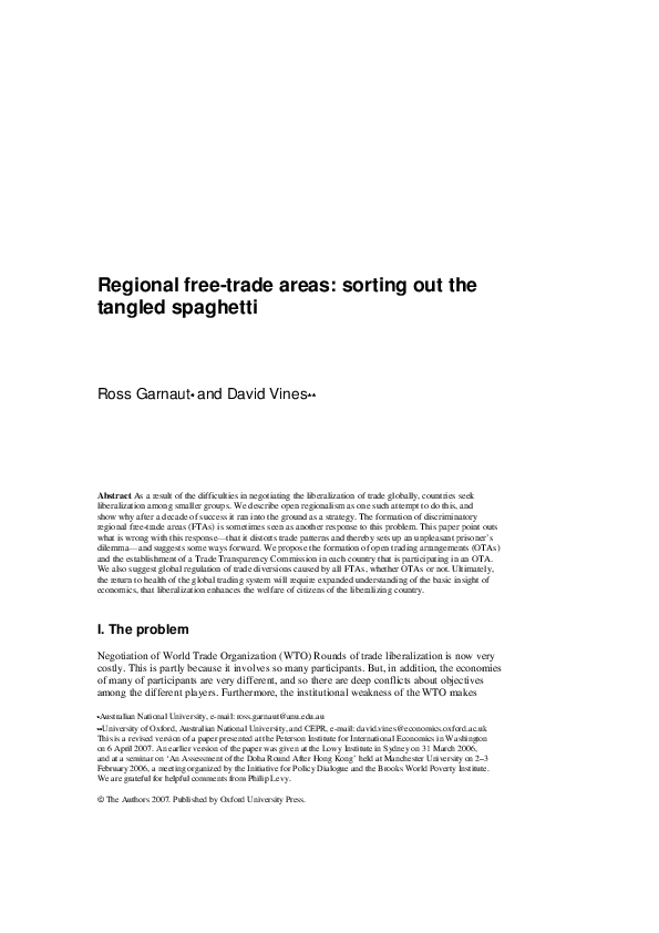 (PDF) Regional free-trade areas: sorting out the tangled spaghetti