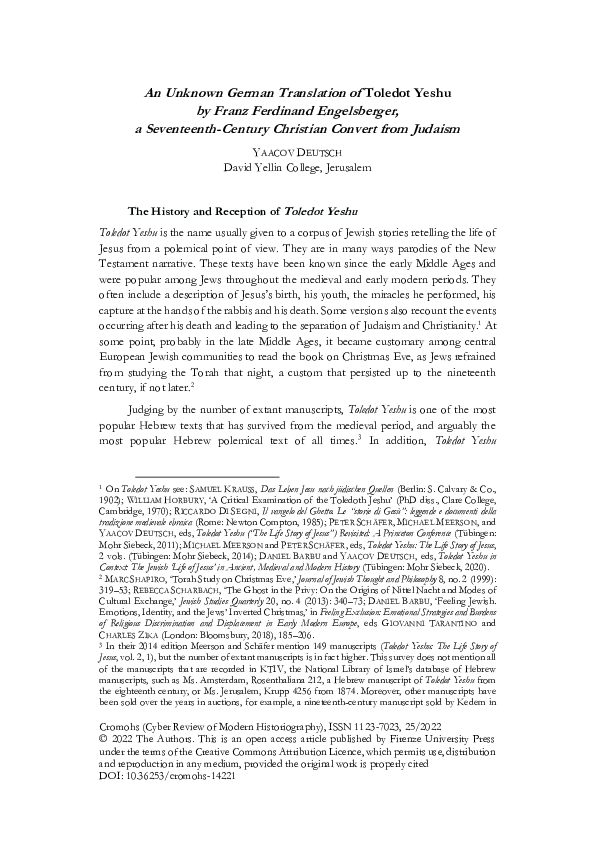(PDF) An Unknown German Translation of Toledot Yeshu by Franz Ferdinand ...