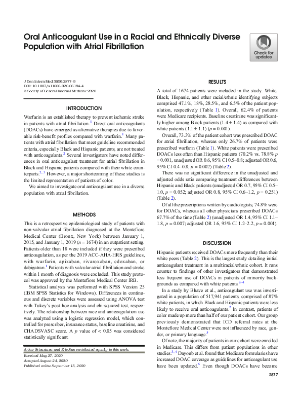 (PDF) Oral Anticoagulant Use in a Racial and Ethnically Diverse ...