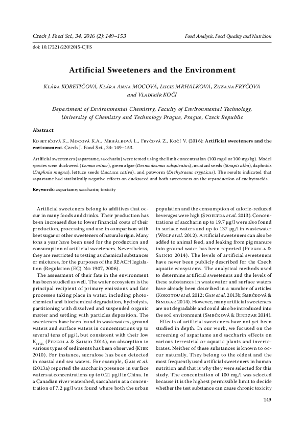 (PDF) Impact of Artificial Sweeteners on Aquatic and Soil Species