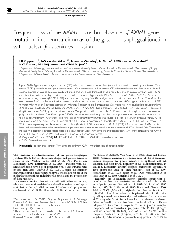 (PDF) Frequent loss of the AXIN1 locus but absence of AXIN1 gene ...