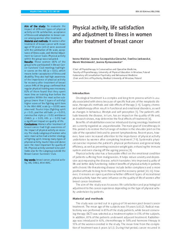 (PDF) Physical activity, life satisfaction and adjustment to illness in ...