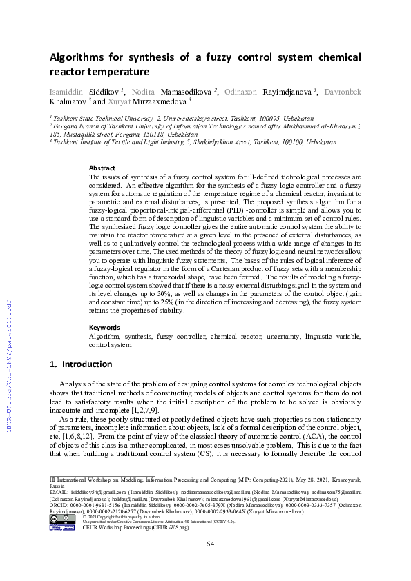 (PDF) Algorithms for synthesis of a fuzzy control system chemical ...