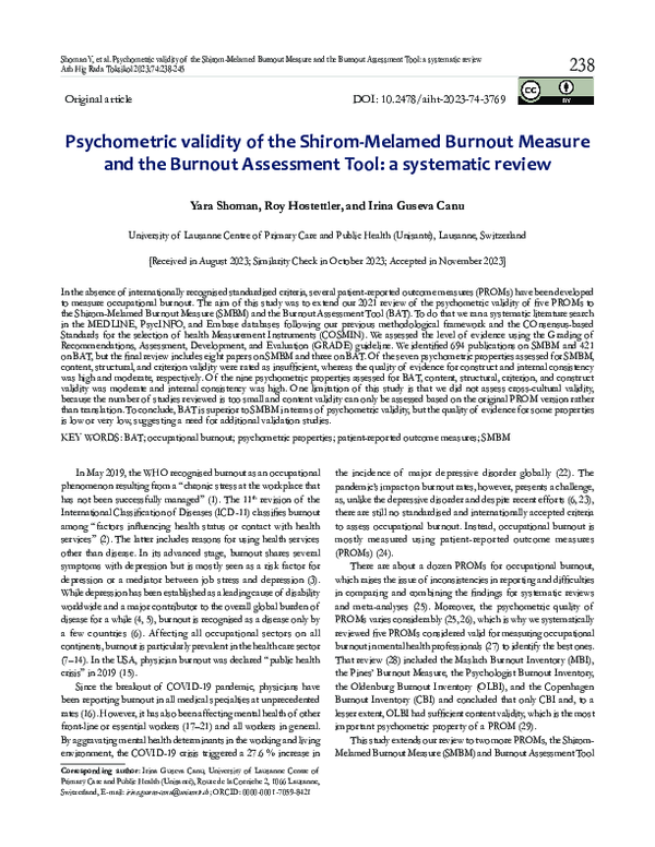 (PDF) Psychometric validity of the Shirom-Melamed Burnout Measure and ...
