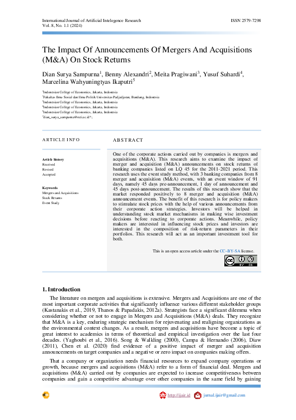 (PDF) The Impact Of Announcements Of Mergers And Acquisitions (M&A) On ...