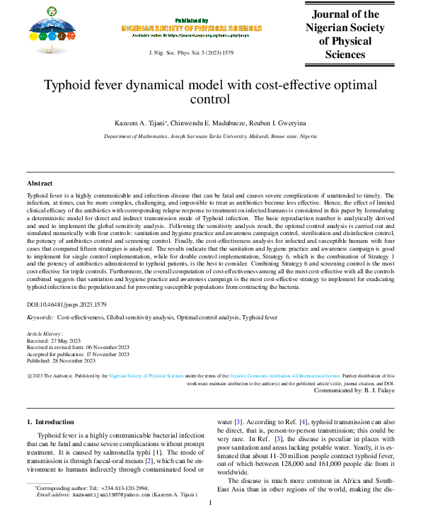 (PDF) Typhoid fever dynamical model with cost-effective optimalcontrol