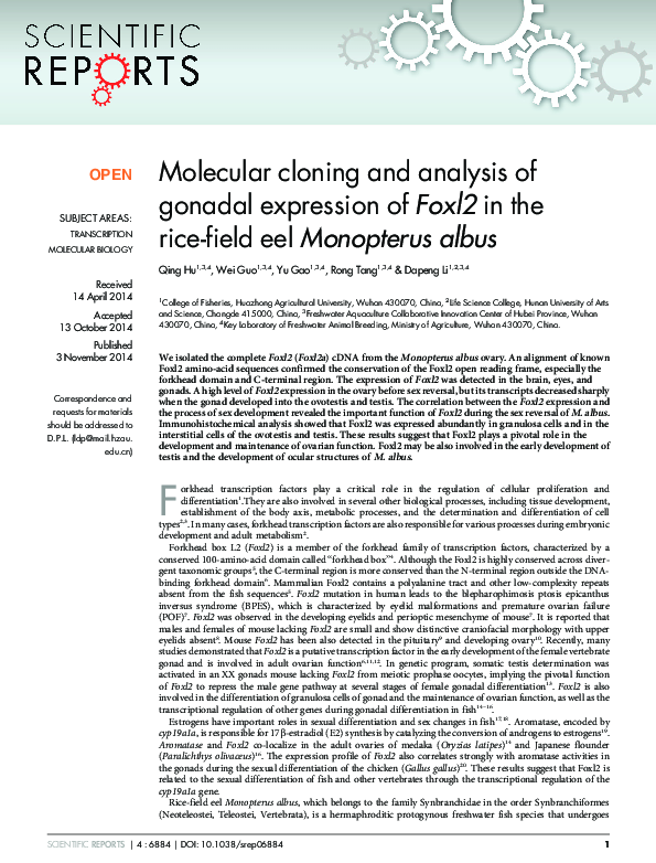 (PDF) Molecular cloning and analysis of gonadal expression of Foxl2 in ...