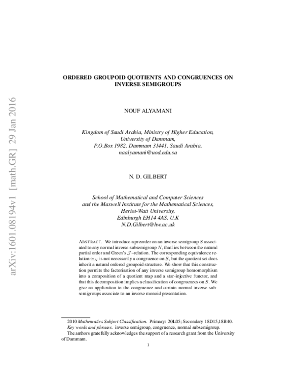 (PDF) Ordered groupoid quotients and congruences on inverse semigroups