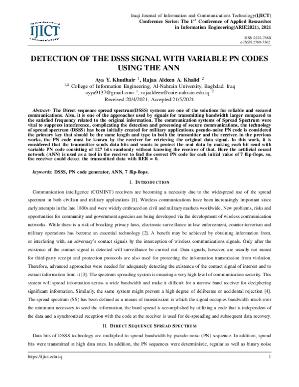 (PDF) Detection of the DSSS Signal with Variable PN Codes Using the Ann
