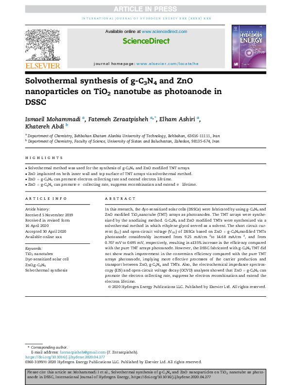 (PDF) Solvothermal synthesis of g-C3N4 and ZnO nanoparticles on TiO2 ...