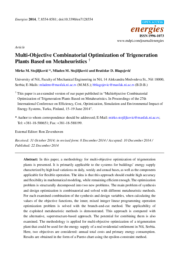 (PDF) Multi-Objective Combinatorial Optimization of Trigeneration ...