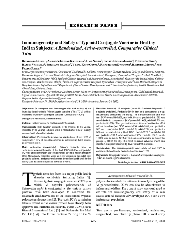 (PDF) Immunogenicity and Safety of Typhoid Conjugate Vaccine in Healthy ...